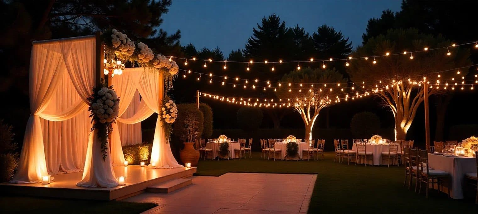 Garden wedding lit with warm string lights and uplighting, the look of the Romantic Glow package