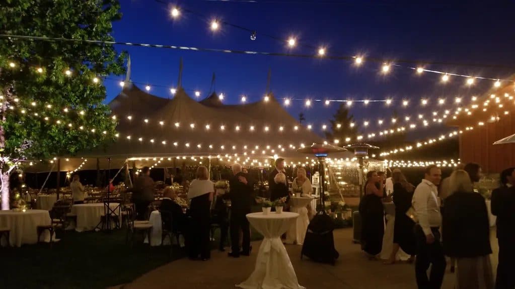 Guests celebrating under string lights at a tented wedding, the look of the Epic Afterparty package